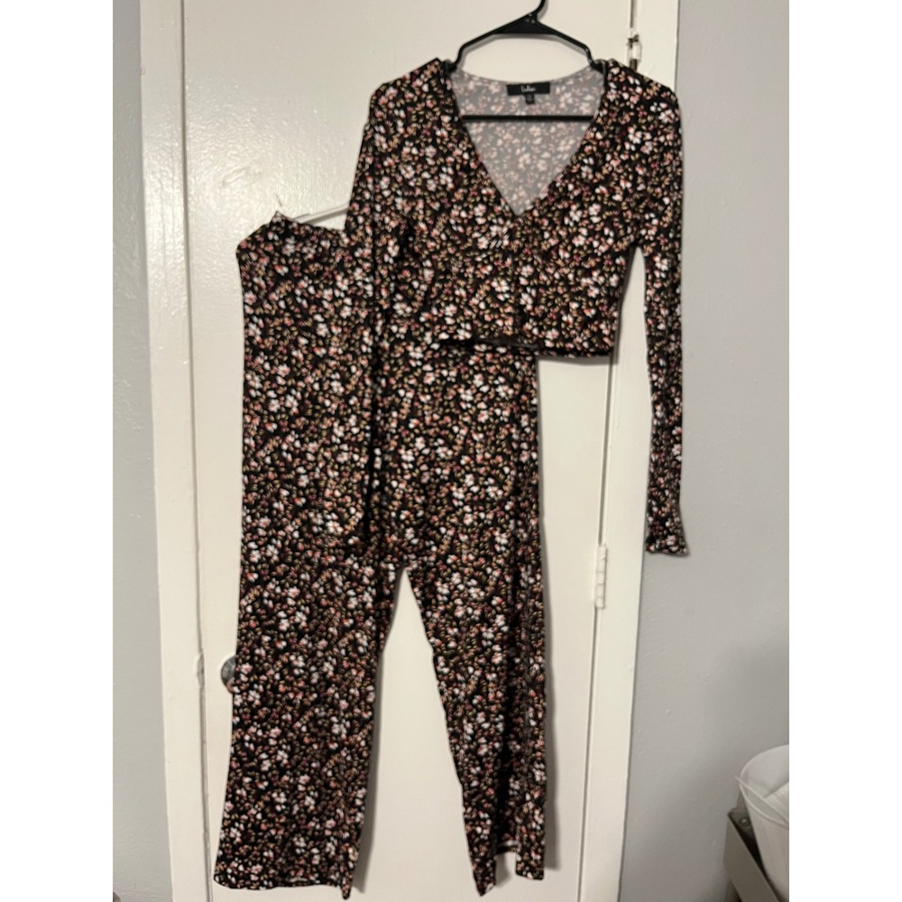 Lulus Womens XS Black Floral 2 Piece Set Long Sleeve Crop Top Wide Leg Pants